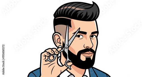 Barber holding scissors with trendy haircut and beard