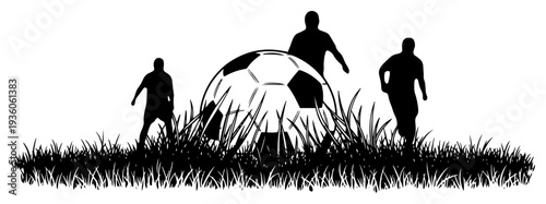 Soccer ball in grass field with silhouettes of players