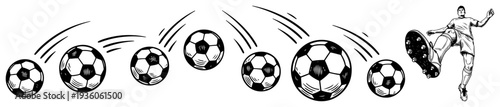 Sketch of a soccer ball motion sequence ending with a powerful kick by a player