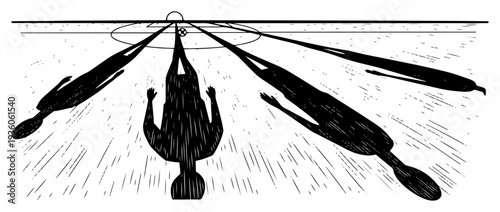 Perspective illustration of soccer player shadows stretching across a field under bright light