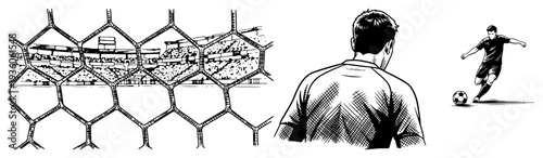 Set of hand drawn soccer illustrations showing stadium views and football players in action