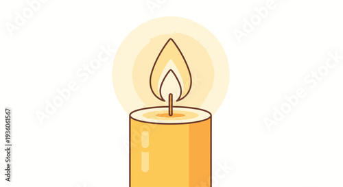 Burning yellow candle with glowing flame on white background