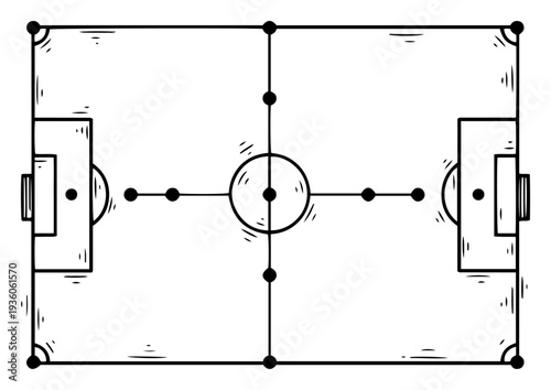 Hand drawn minimalist top view sketch of a soccer pitch field layout