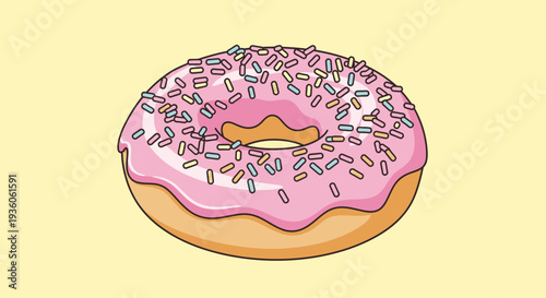 Cartoon donut with pink frosting and colorful sprinkles illustration