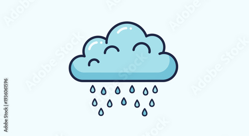 Cartoon rain cloud with falling raindrops on light blue background