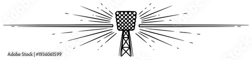 Stadium floodlight tower with rays of light in minimalist line art style