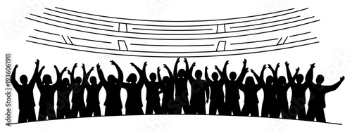 Group of football fans celebrating in stadium bleachers with hands in the air