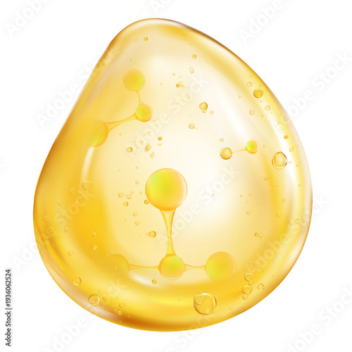 Golden cosmetic oil drop with bubbles,Molecule structure isolated on white background.Vitamin serum liquid texture for skincare advertise,beauty hydration concept,dermatology treatment,cosmetic brand
