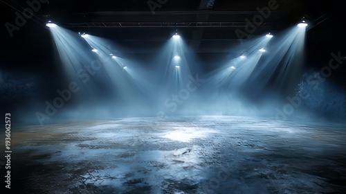Dramatic, dark stage illuminated by blue spotlights and atmospheric haze.