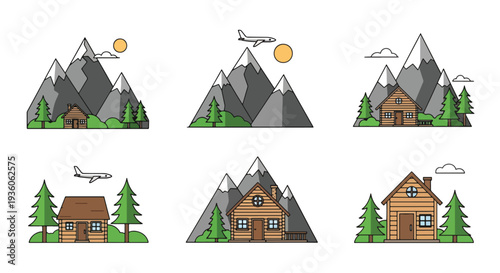 Cartoon Houses and Mountains