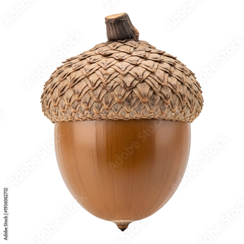 Single glossy brown acorn with a textured cap stands upright on a transparent background