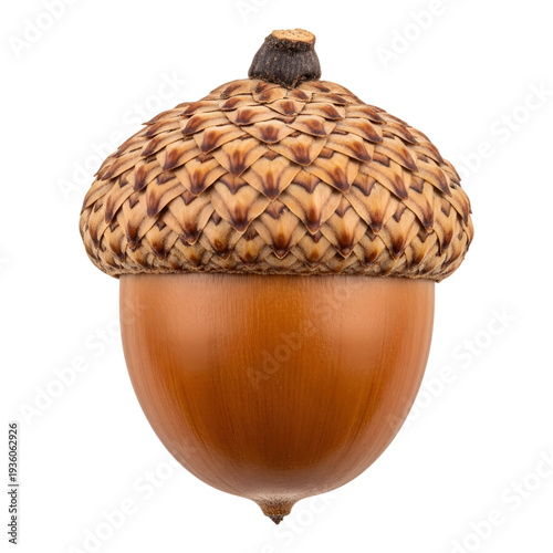 Single large brown oak acorn nut with detailed textured cap isolated on transparency