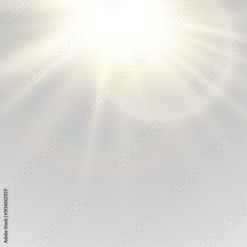 PNG transparent sunlight overlay with soft golden flare. Bright rays illuminate softly across the vector scene. Ideal for dreamy and warm light effects.
