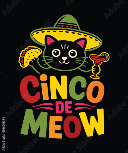 Cinco De Meow Funny Cat Taco Margarita Cinco De Mayo Mexican Party T-Shirt Design