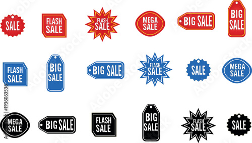 Mega sale and flash sale vector badges set. Colorful and black discount labels, shopping tags, and starburst stickers for retail marketing.