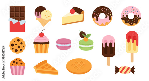 Assorted colorful desserts on white background