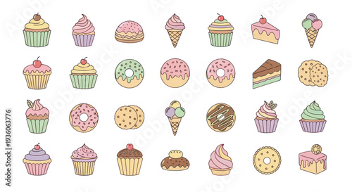 Assorted colorful desserts on white background
