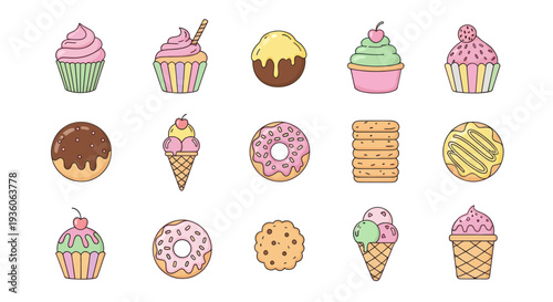 Assorted colorful desserts on white background