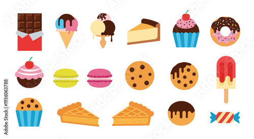 Assorted colorful desserts on white background