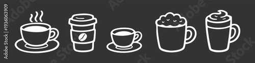 Set of white line art coffee icons on dark background. Includes espresso, latte, cappuccino, and takeaway cups in a hand-drawn chalkboard style.