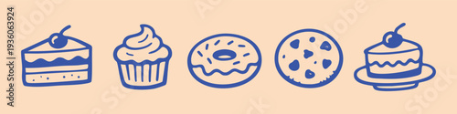 Hand-drawn blue line art icons of desserts like cake, cupcake, donut, and cookie on a peach background. Whimsical doodle food illustrations.