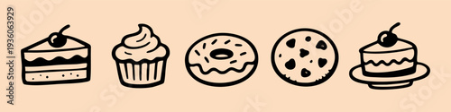 Set of hand-drawn dessert icons: cake slice, cupcake, donut, and cookie. Minimalist black line art doodles for bakery and sweet shop designs.