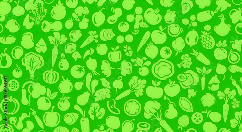 Vibrant green pattern featuring an assortment of stylized fruits and vegetables, including apples, carrots, tomatoes, and leafy greens, creating a lively and healthy food-themed background.