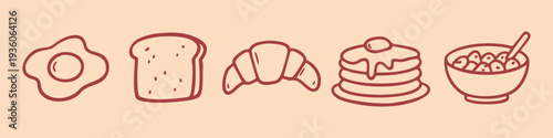 Set of hand-drawn breakfast icons including fried egg, toast, croissant, pancakes, and cereal bowl in a minimalist doodle style.