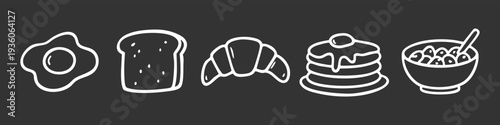 Set of hand-drawn breakfast icons including fried egg, toast, croissant, pancakes, and cereal. Minimalist white line art on a dark background.