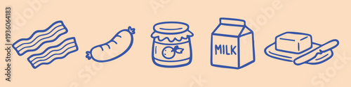 Hand-drawn blue line art icons of breakfast food items: bacon, sausage, jam jar, milk carton, and butter. Minimalist doodle set on a beige background.