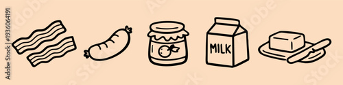 Hand-drawn breakfast food icons set featuring bacon, sausage, jam jar, milk carton, and butter with knife. Simple minimalist line art doodle.