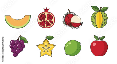 Assortment of fresh cut fruits with green leaves