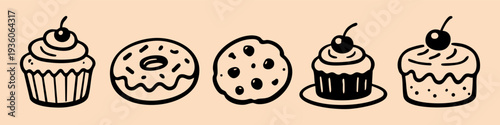Set of hand-drawn sweet dessert doodles featuring cupcakes, a donut, a chocolate chip cookie, and cakes. Cute black line art on a peach background.