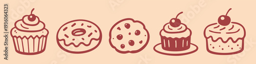 Hand-drawn doodle set of sweet treats including cupcakes, donut, cookie, and cake with cherries in a retro line art style on a beige background.