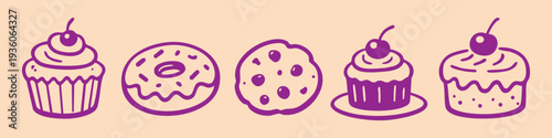 Hand-drawn purple line art of sweet treats including cupcakes, a donut, a cookie, and a pastry on a beige background. Cute bakery doodle set.