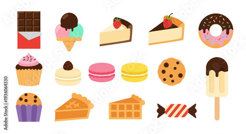 Assortment of sweet desserts in flat illustration