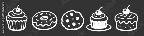 Hand-drawn white line art of bakery treats: cupcakes, donut, cookie, and cake slices on a dark gray background. Sweet dessert doodles.