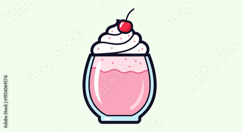 Cartoon strawberry milkshake with whipped cream and cherry