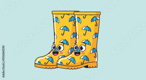 Cartoon yellow rain boots with umbrella pattern and happy faces