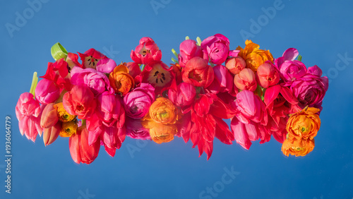 floating spring arrangement with colorful ranunculus and tulip flowers on mirror and their reflection