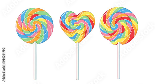 Vibrant, colorful swirl lollipops in circular, heart, and spiral shapes, digitally rendered with smooth gradients and a playful aesthetic, isolated on a clean white background.