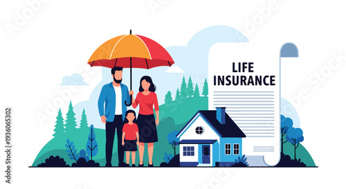 Modern vector illustration of happy family protected under large umbrella symbolizing life insurance coverage. Financial security, risk protection and future planning concept