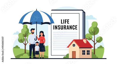 Modern vector illustration of happy family protected under large umbrella symbolizing life insurance coverage. Financial security, risk protection and future planning concept