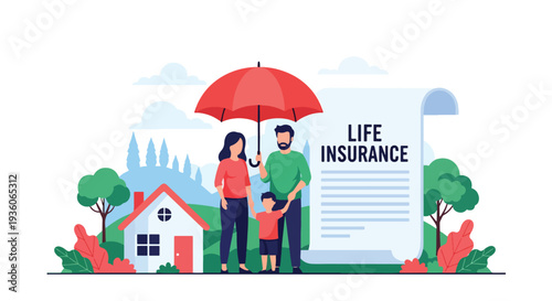 Modern vector illustration of happy family protected under large umbrella symbolizing life insurance coverage. Financial security, risk protection and future planning concept