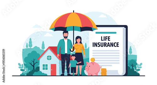 Modern vector illustration of happy family protected under large umbrella symbolizing life insurance coverage. Financial security, risk protection and future planning concept