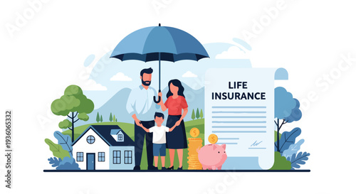 Modern vector illustration of happy family protected under large umbrella symbolizing life insurance coverage. Financial security, risk protection and future planning concept