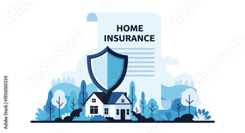 Modern vector illustration of residential house protected by shield icon representing home insurance coverage. Property safety, asset protection and risk management concept