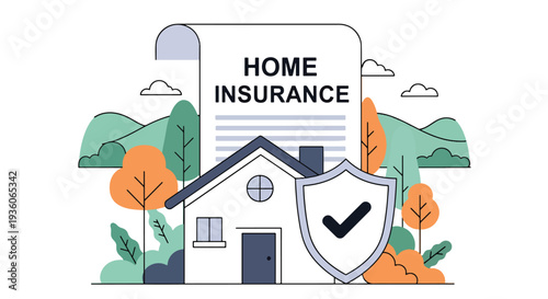 Modern vector illustration of residential house protected by shield icon representing home insurance coverage. Property safety, asset protection and risk management concept