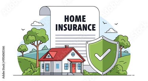 Modern vector illustration of residential house protected by shield icon representing home insurance coverage. Property safety, asset protection and risk management concept