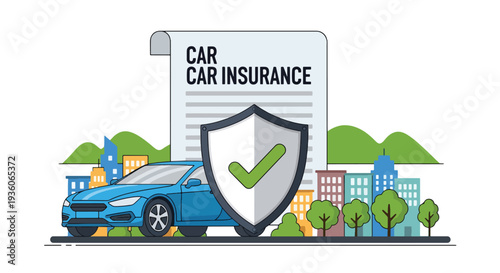 Modern vector illustration of car with protective shield symbolizing auto insurance coverage. Vehicle safety, accident protection and financial security concept